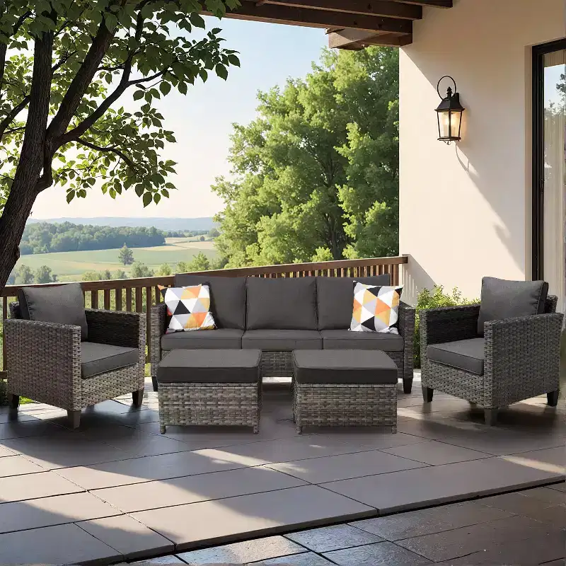HOMLUX Outdoor Sectional Sofa Set, 5 Pieces Modular Outdoor Wicker Sofa Set with Ottomans, All-Weather Design