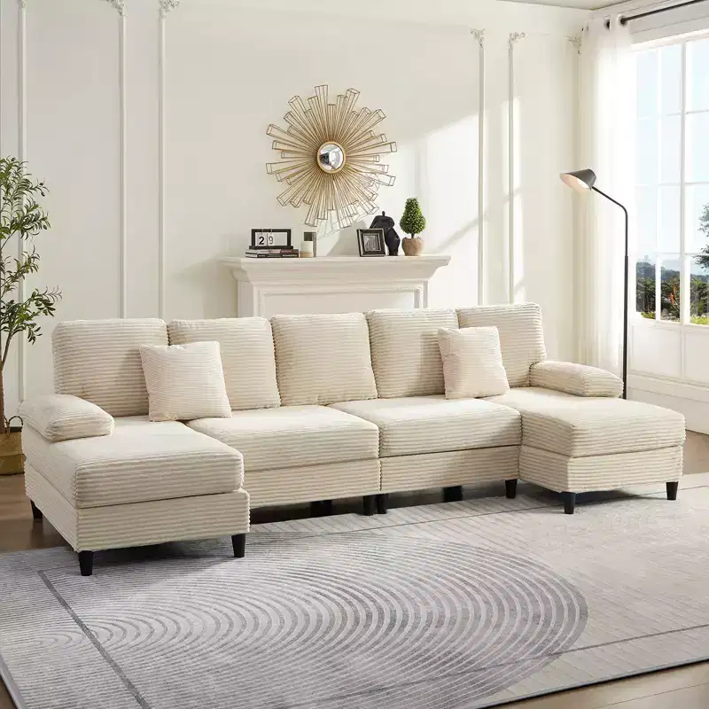 Mjkone 112 U Shaped Sectional Couches, Corduroy Sectional Sofa with Double Chaises and Sleepable Armrests, Large 4 Seater Sofa
