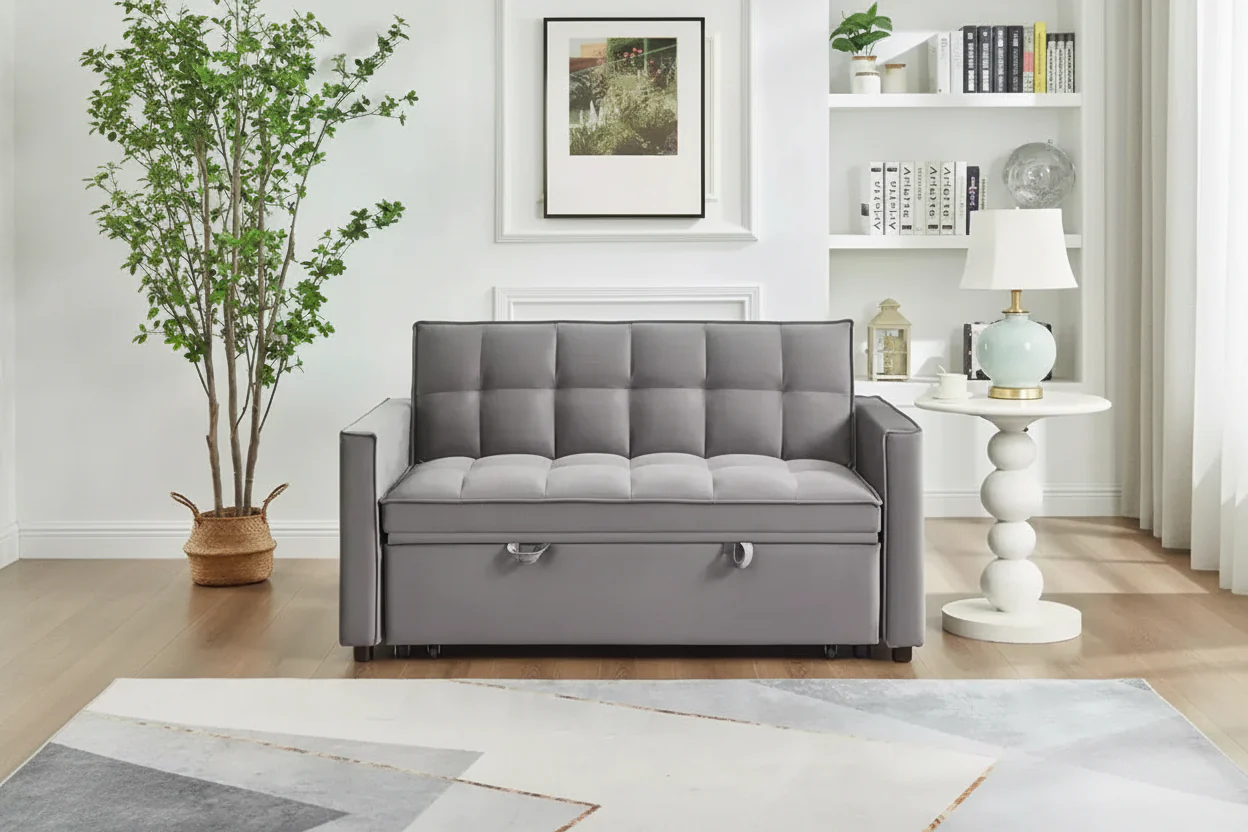 Pull Out Convertible Sofa Bed - Full Size Light Grey Velvet Tufted Sleeper, 3-Level Adjustable Backrest w/ 2 Pockets & 2 Pillows for Apartment