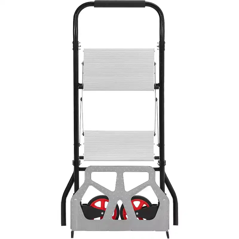 2-in-1 Aluminum Folding Hand Truck & 2-Step Ladder with Anti-Slip Pedals, 220 lbs Capacity