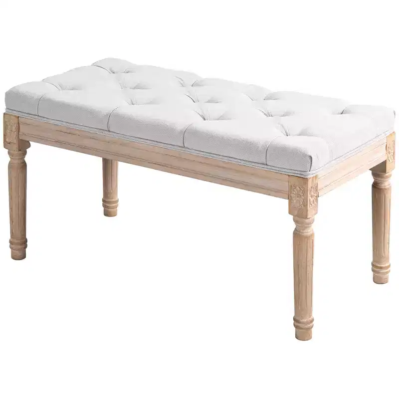 32 Linen Upholstered Bedroom Bench, French End of Bed Bench with Thick Padded Cushion and Wooden Legs
