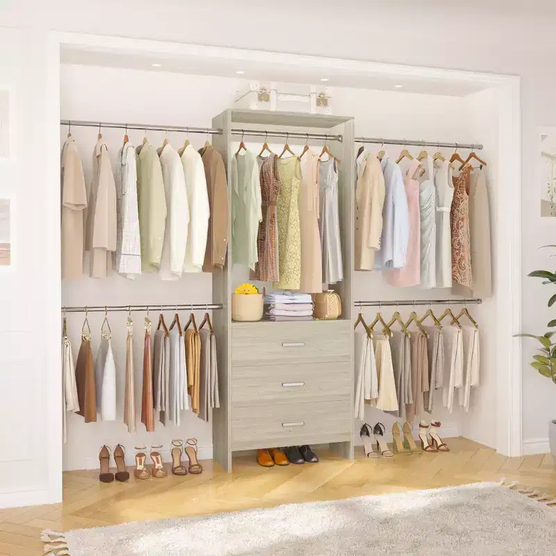 Closet System with 4 Hanging Rods and Drawers
