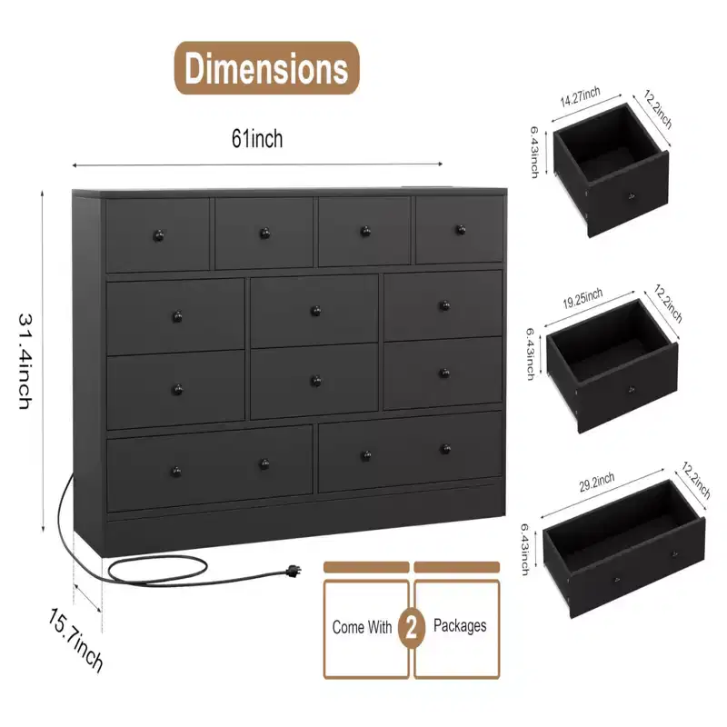 12 Drawer Dresser with Power Outlet, 61 Wood Storage Chest for Bedroom, Living Room, Hallway  Large Capacity Organizer