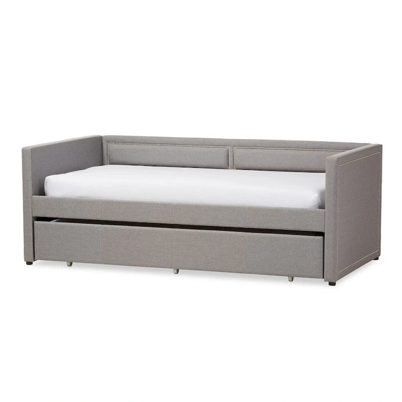 Twin Upholstered Daybed with Roll-Out Trundle, Nailhead Trim, Linen or Polyester
