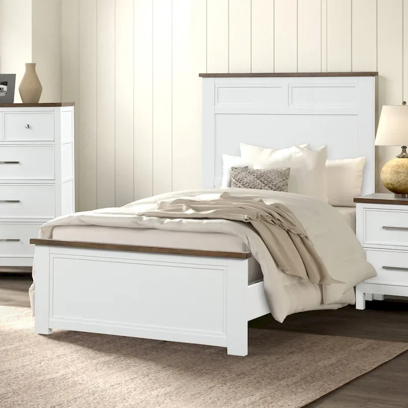 Modern Farmhouse Pinewood Panel Bed, Solid Wood Frame, Rustic Style, Bedroom Furniture