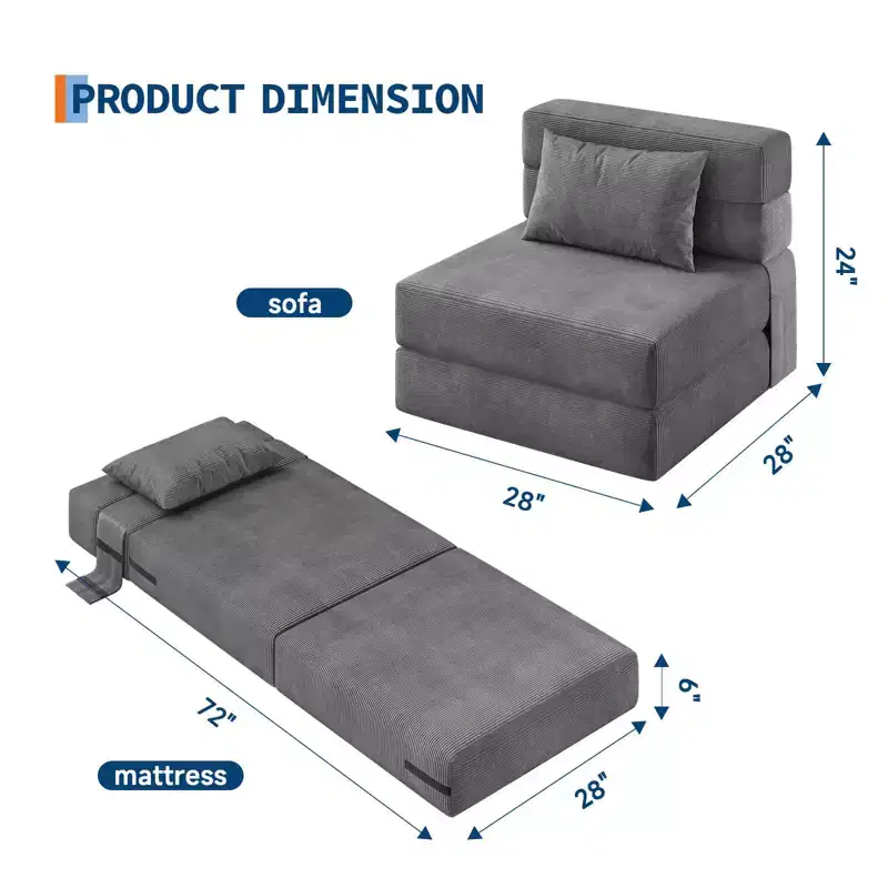 GustoWave 4-in-1 Convertible Folding Sofa Bed - Sleeper Chair with Pillow, Modern Corduroy Fabric Floor & Futon Couch, Dark Gray