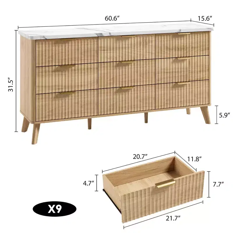 9 Drawer Dresser for Bedroom, 60.6W Chest of Drawers with Gold Handle, Fluted Dresser TV Stand, Clothing Storage Organizer for Living Room