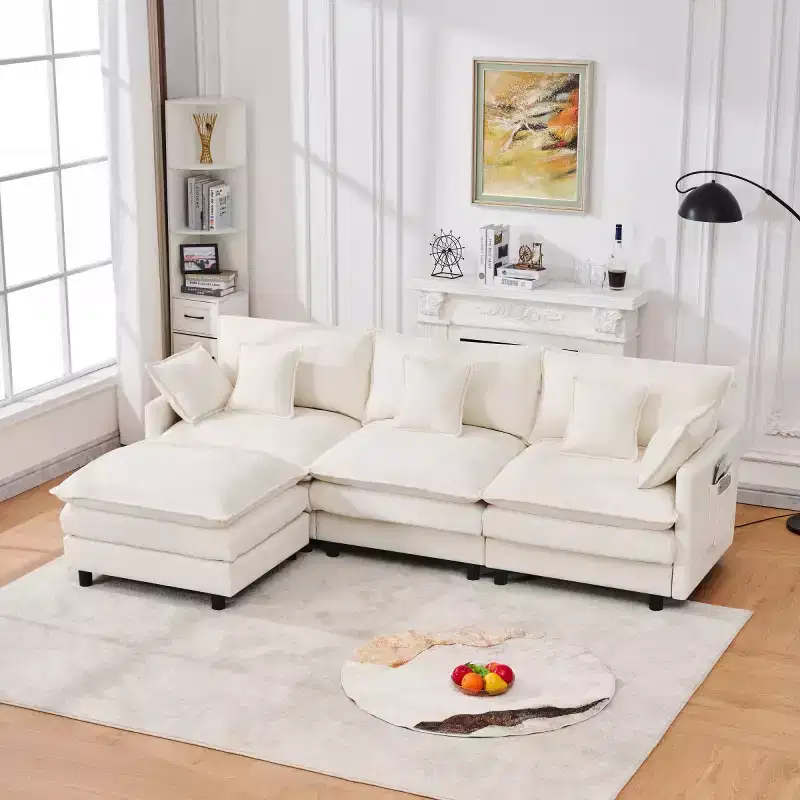 102 Modern Sectional Sofa with Ottoman, Double-Layer Cushions, Soft Fabric Cloud Sofa for Living Rooms, Apartments, or Lounges-Panipeachy