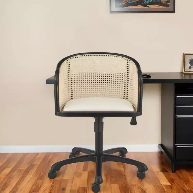 Beige and Black Solid Wood Steel and Cane Rattan Adjustable Swivel Rolling Office Chair