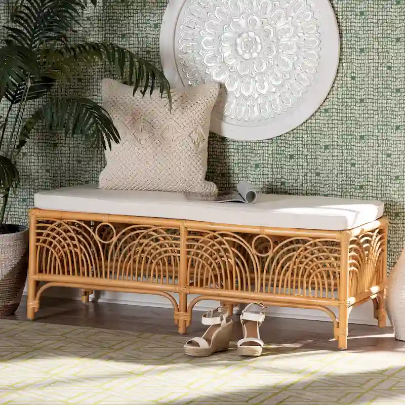 Modern bohemian Natural Brown Rattan Bench