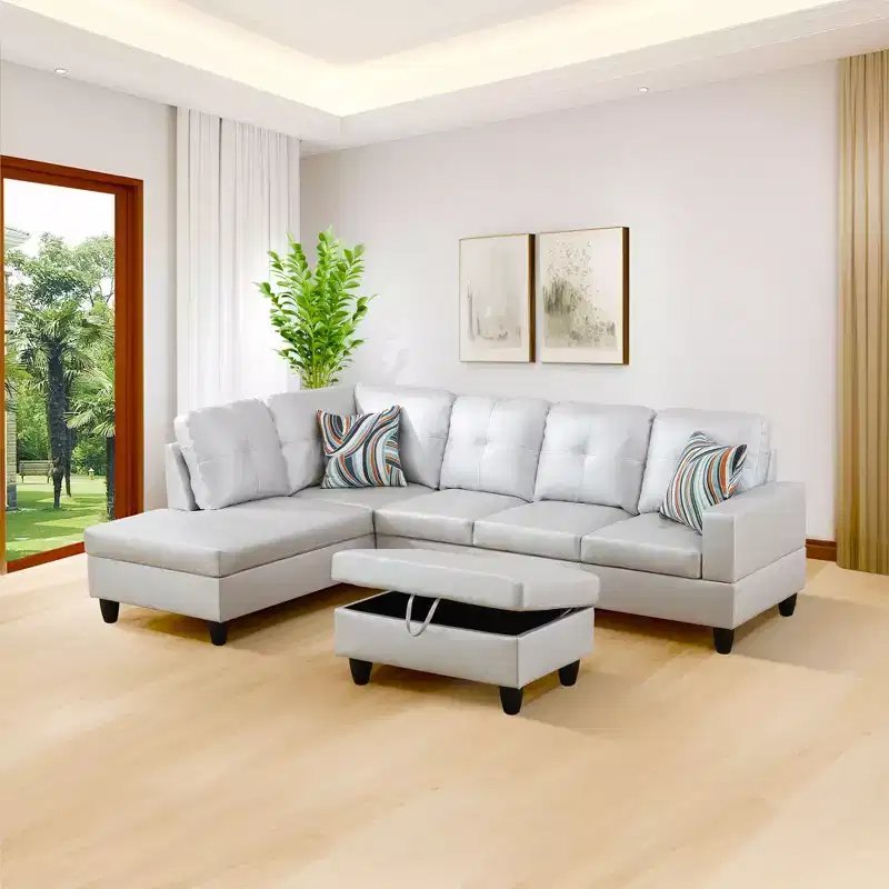 Luxurious White Leather L-Shaped Sectional Sofa with Storage Ottoman
