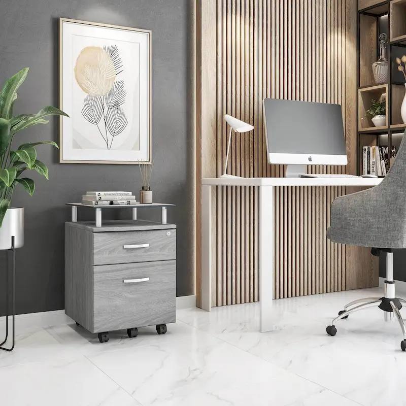 Rolling File Cabinet with Glass Top,High quality and durable, Grey