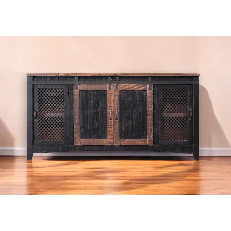 68 Black Solid Wood Cabinet Enclosed Storage Distressed TV Stand - 67.75' X '34.75' X '19