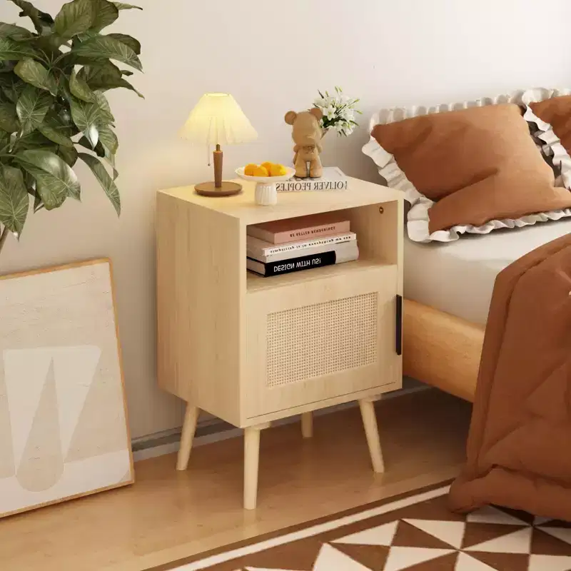 Rattan Nightstand Wood End Table, Accent Bedside Side Table with Open Shelf, Modern & Natural Aesthetic