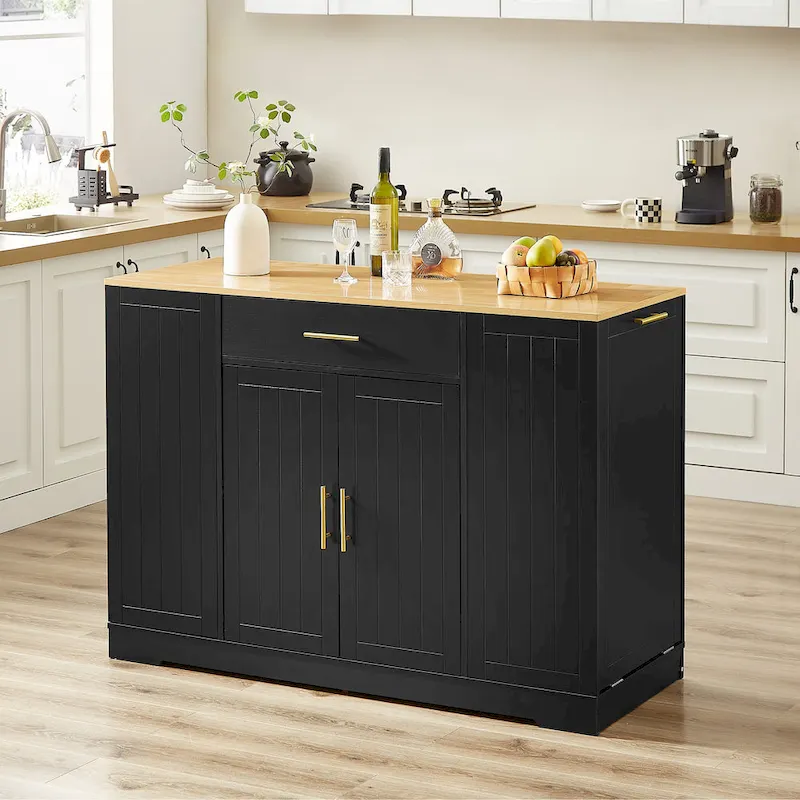 Kitchen Island with Tilt Out Trash Can Holder, Mobile Islands Table with Drawer, Adjustable Shelves & 3 Layer Open Side Racks