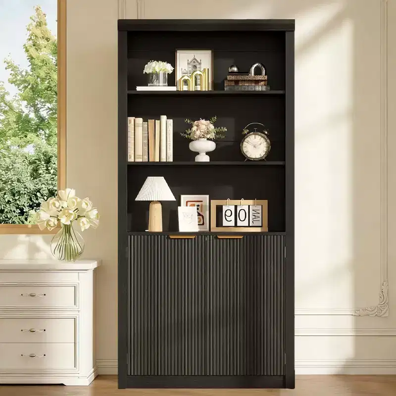 Tall 5-Tier Bookcase with Doors and Drawer 31.5'' W Modern Freestanding Bookshelf, Adjustable Storage Cabinet for Home Office or Living Room