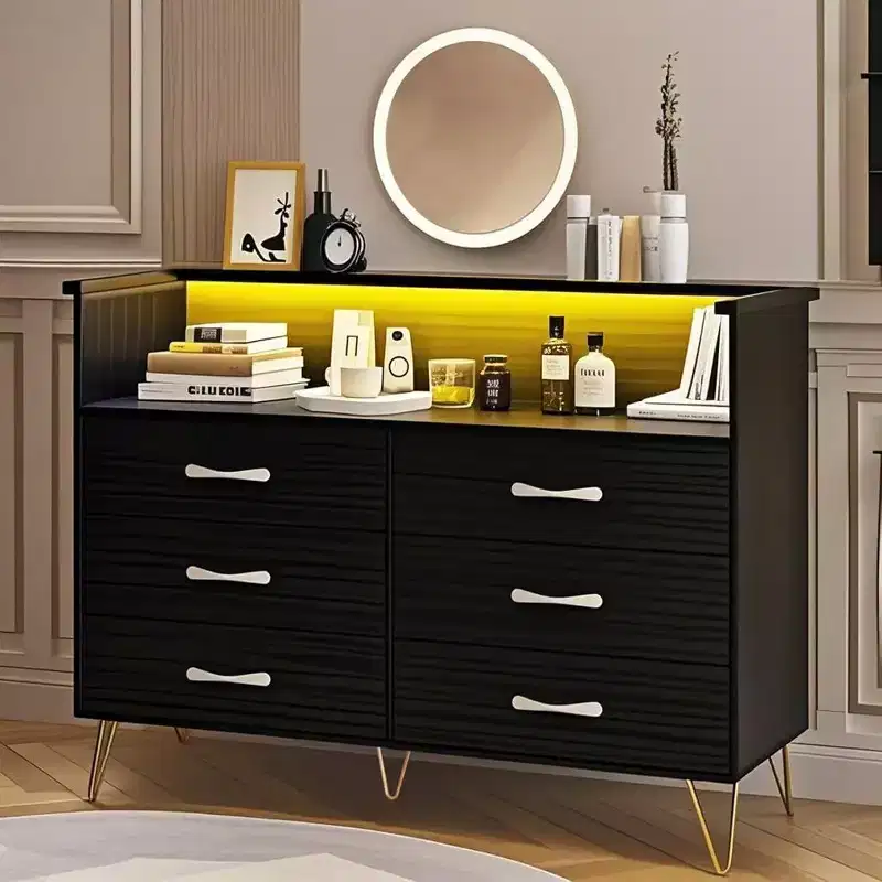 6-Drawer Dresser with Surround Edge, Black, MDF+PB+Iron, LED Lights & Outlets, for Bedroom & Home Office