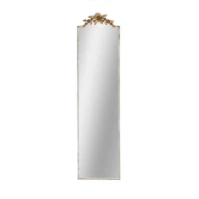 18.1 x 70.9 Inch Rectangular Full Length Wall Mirror with Distressed Ivory Frame and Gold Floral Crown