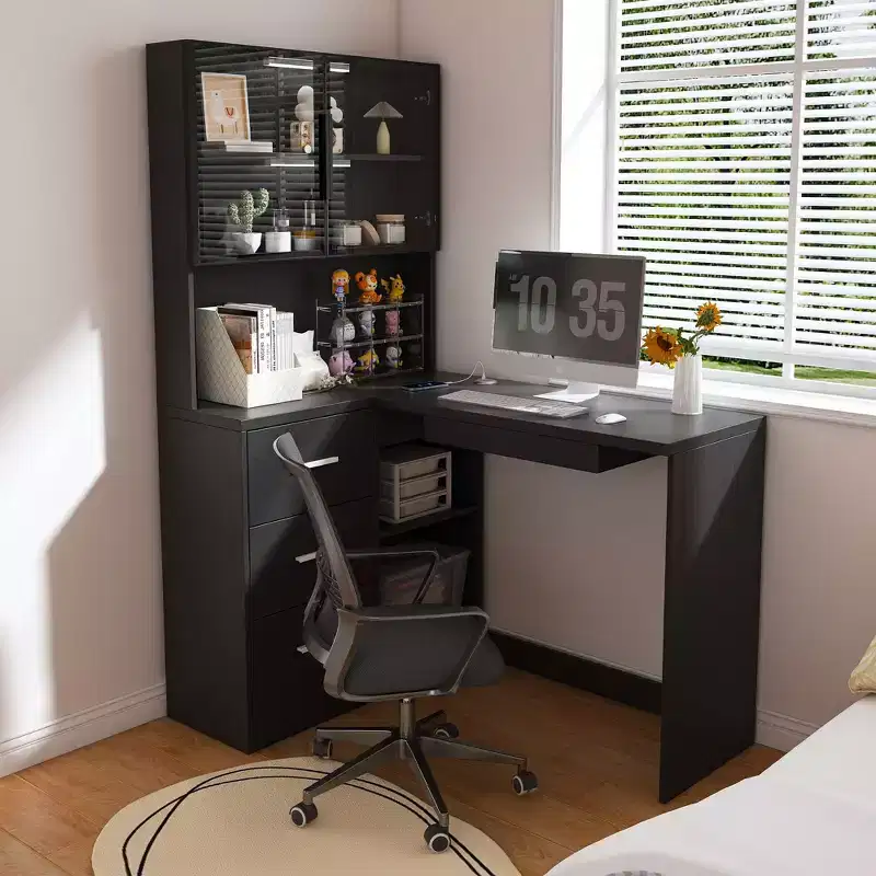 43.31IN Modern L Shaped Desk with Glass Cabinets, Corner Desk with Storage Shelves and Keyboard Tray, Computer Desk for Home, Office