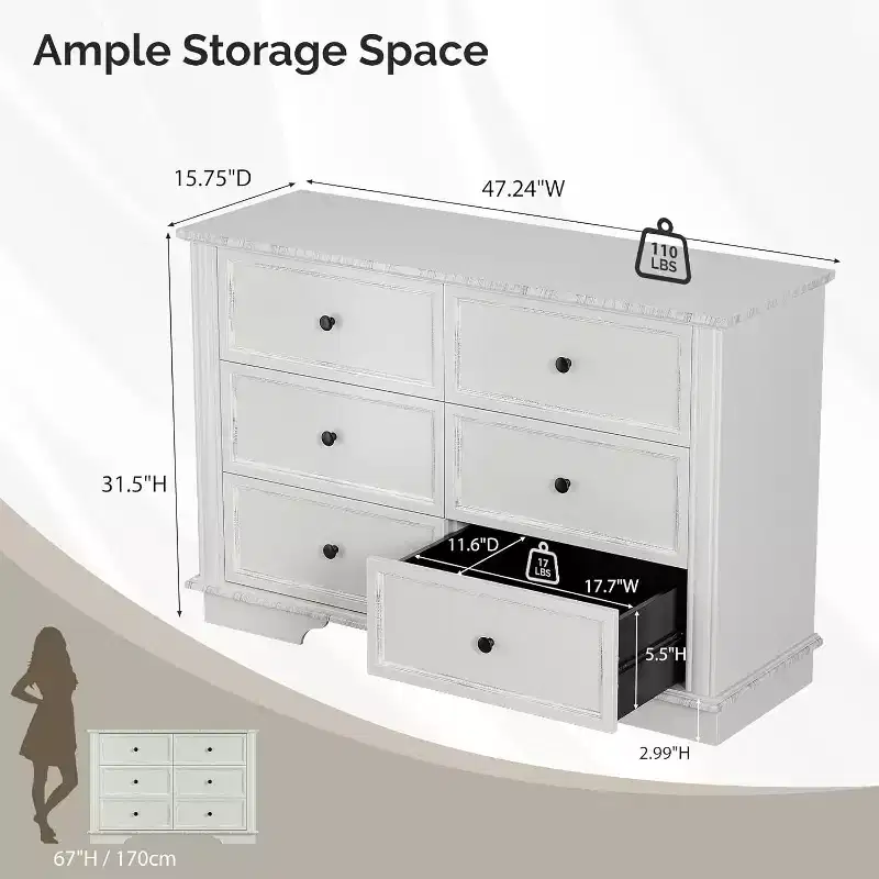 VINGLI White Dresser 6 Drawer, Wood Dresser for Bedroom, Chest of Drawers