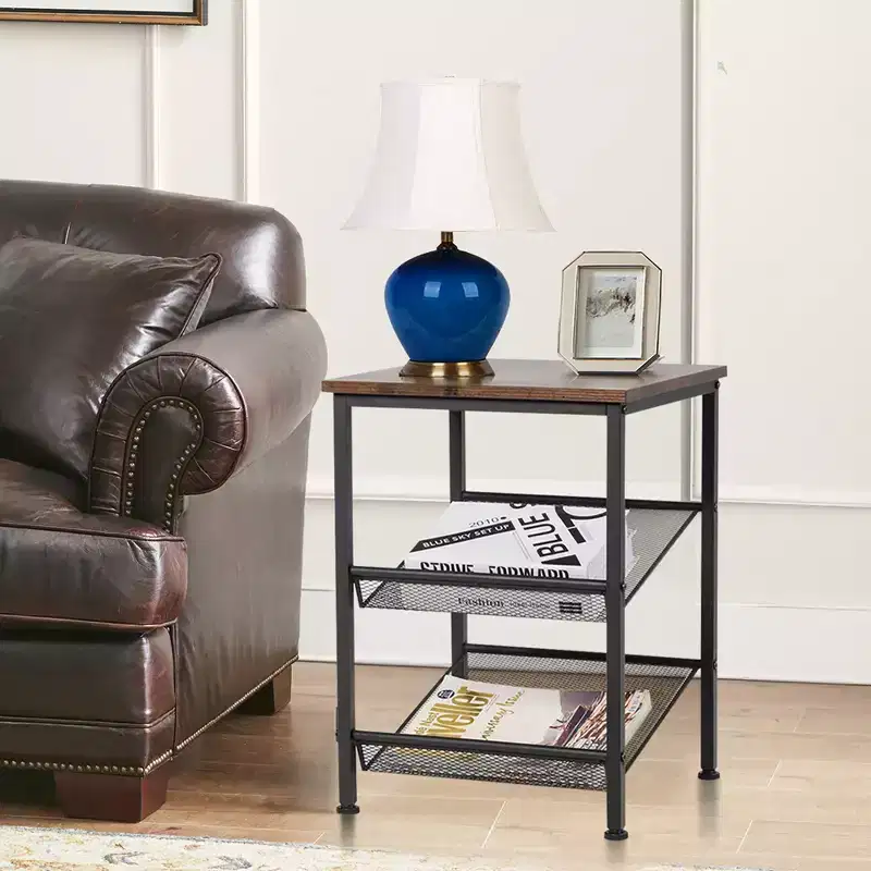 3-Tier Industrial End Side Table Nightstand W/2 Adjustable Shelves Rustic Brown
