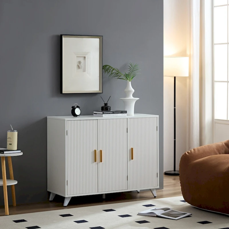 Sideboard with wavy texture buffet cabinet,white accent cabinet with door, modern bookcase for kitchen living room, entrance way