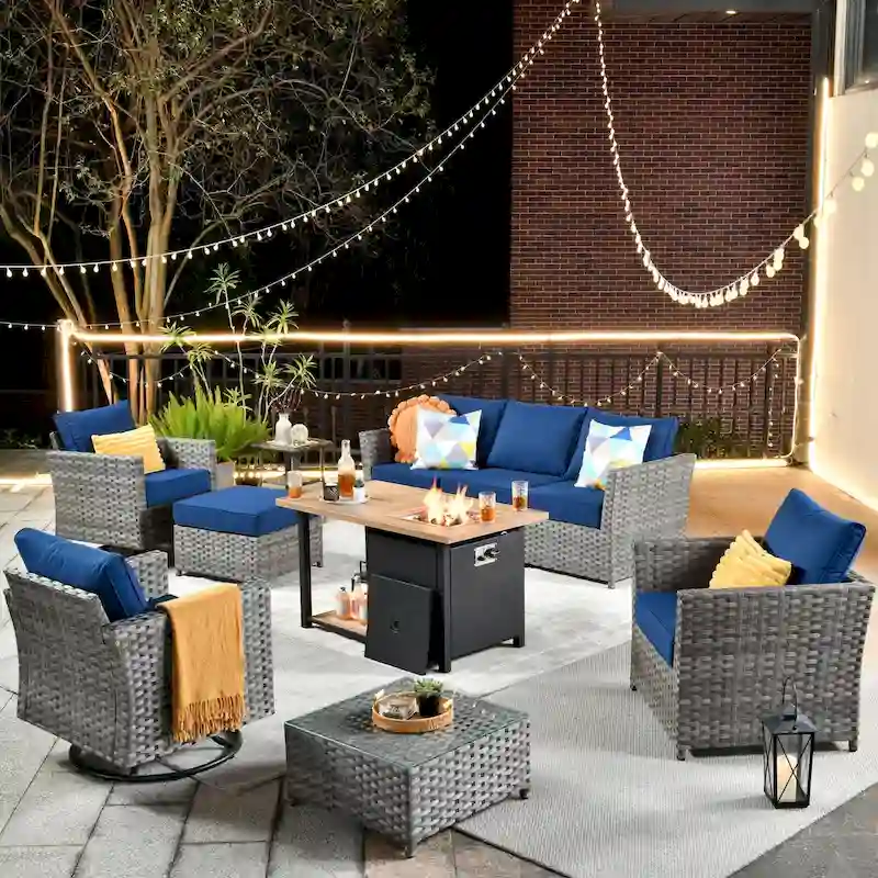 HOOOWOOO 10-piece Outdoor Grey Wicker Patio Furniture Set with Fire Pit Table