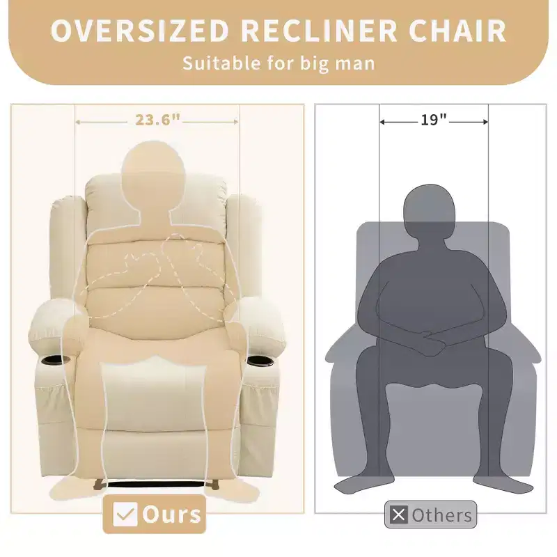 Oversized Manual Recliner Chair with 3-Position Recline, Widen Overstuffed Single Sofa Lounge Chair with 2 Cup Holder, 2 Side Pocket, Chenille Fabric
