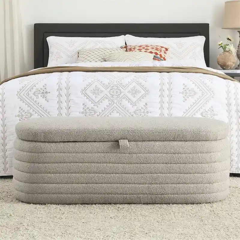 Storage Ottoman Bench Upholstered Storage Bench End of Bed Stool w/Safety Hinge