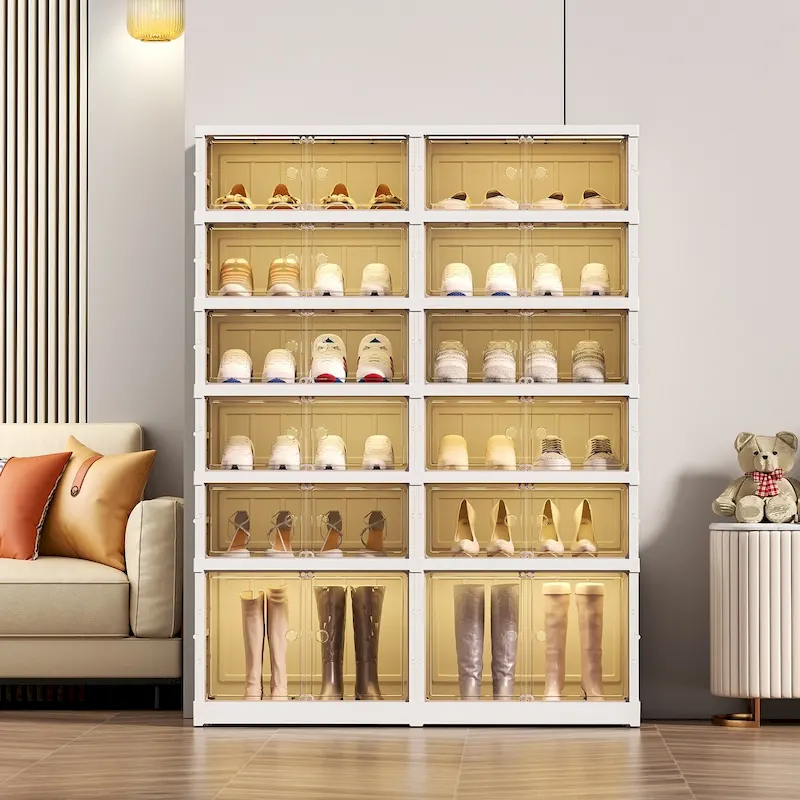 6-Shelf Foldable Shoe Cabinet with Frosted Doors – White, Holds 24 Pairs