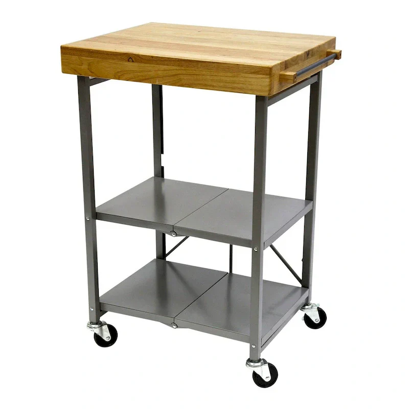Foldable Wheeled Portable Solid Wood Top Kitchen Island Bar Cart, Silver