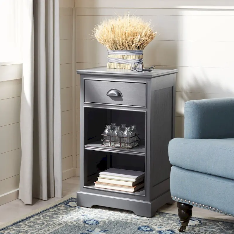 Grey Pine Wood Storage Side Table, 1 Drawer & 2 Open Shelves, 17.7