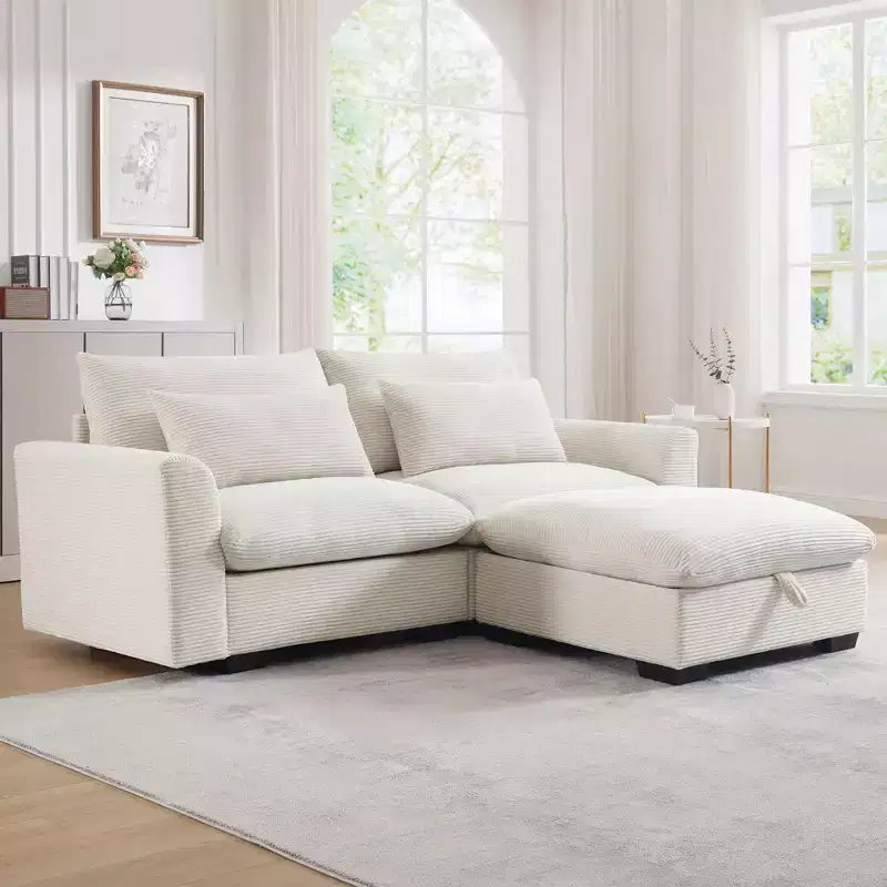 Comfy Corduroy Sectional Sofa with Pillows and Round Armrests, Modern Sofa Sleeper Deep Couch with Storage Ottoman