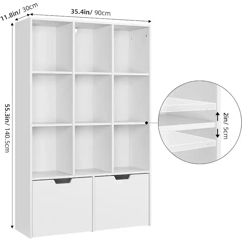 Acekool 9-Cube Storage Organizer with 2 Drawers, 3-Tier White Bookshelf for Kids Room, Living Room, Office & Bedroom