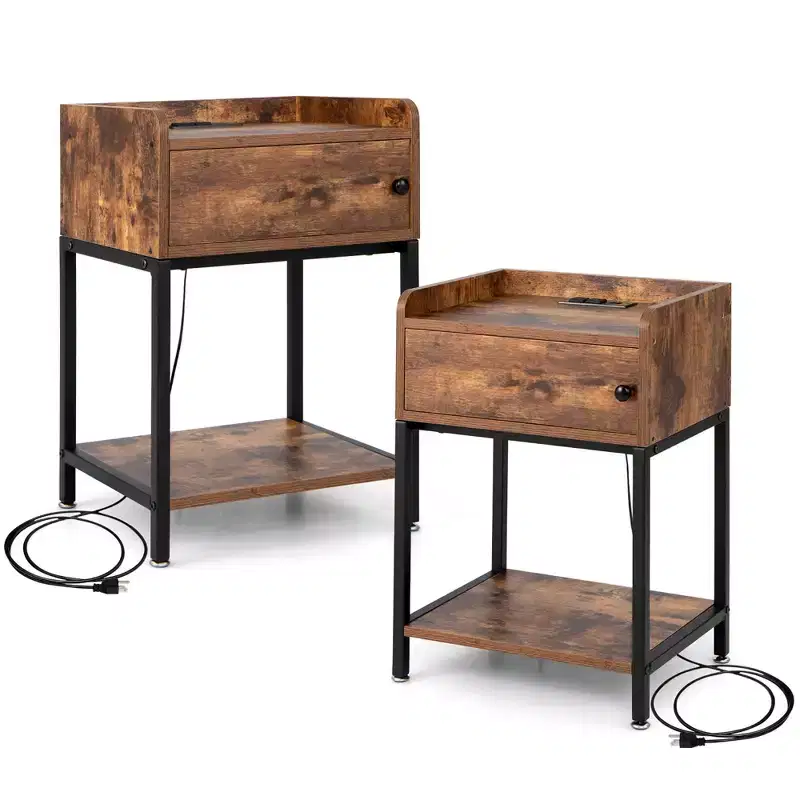 Costway 2PCS Nightstand W/ Charging Station Sofa Side Table Storage Cabinet End Table