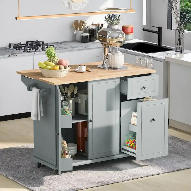 Kitchen Island with Drop Leaf, Rolling Cart on Wheels with Storage Rack and 3 Tier Pull Out Cabinet Organizer with Spice Rack