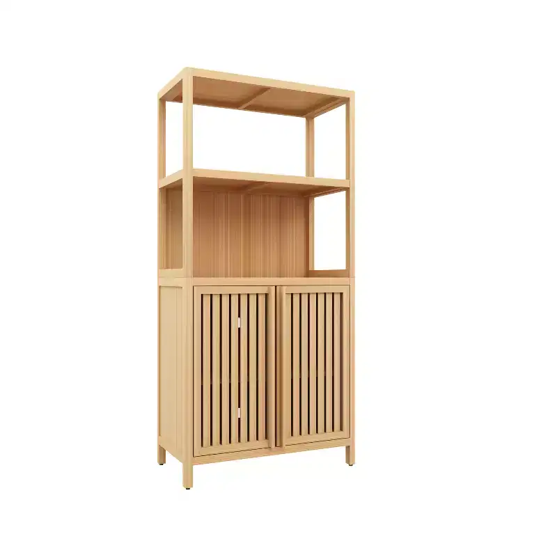 sumyeg Freestanding Bamboo Storage Cabinet with 2 Doors, Versatile Floor Organizer for Bathroom, Kitchen, Living Room