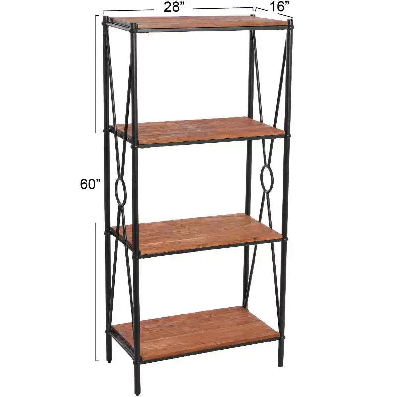 Storied Home Saratoga Rustic Solid Wood and Metal 4 Shelf Open Storage Bookshelf, Warm Walnut Finish