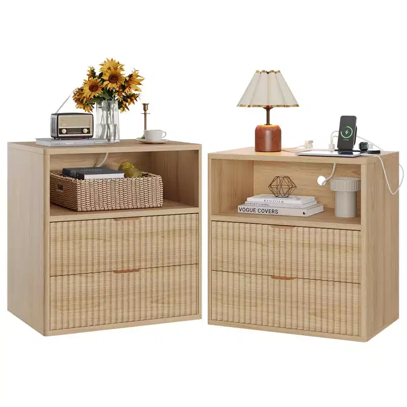 Fluted Farmhouse Nightstand Set of 2 - 23 Mid-Century Modern End Tables with Charging Station (2 Drawers, Wood) for Bedroom/Home Office