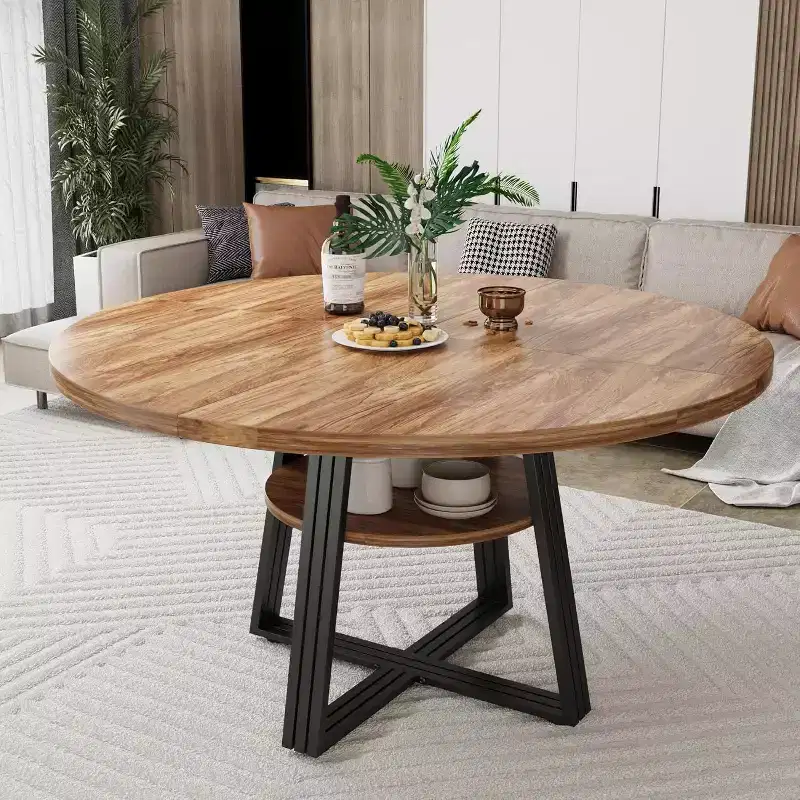Round Dining Table for 4-6, 42 Farmhouse Kitchen Table with Storage, Circle Dinner Tables for Kitchen, Dining Room, Living Room, Meeting Room