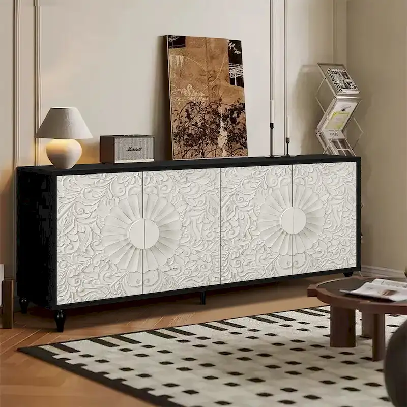 Vintage White Sideboards with Large Faceted Carved