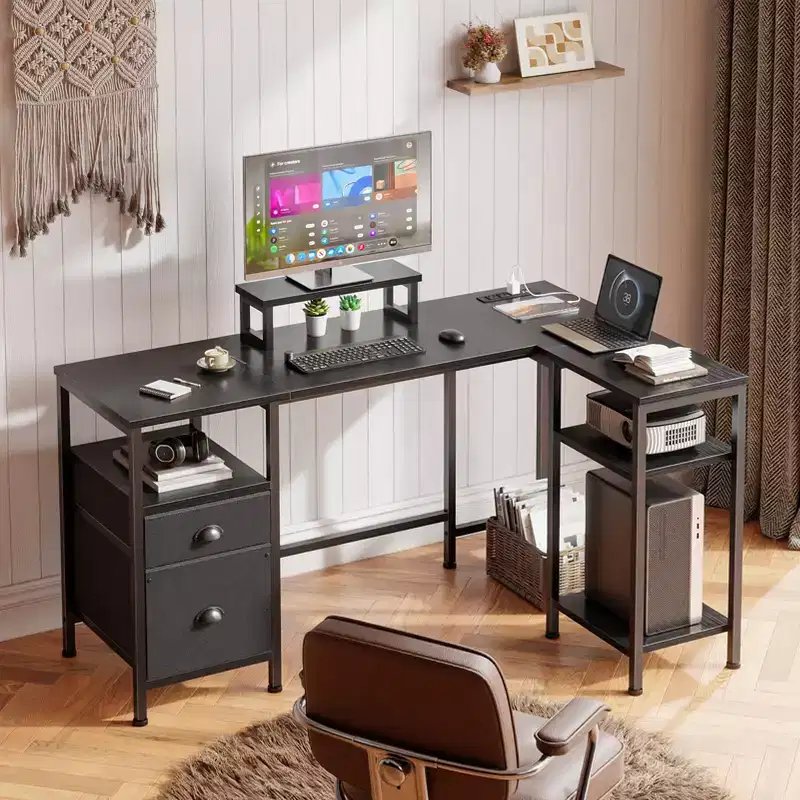 50 Inch Black L Shaped Computer Desk with Charging Station, Reversible Corner Gaming Desk, File Cabinet, Monitor Stand & Storage
