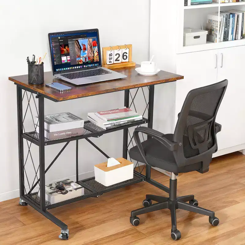 Foldable Rolling Desk 31.5 Inch with Wheels, No Assembly 3 Tier Metal Wire Shelf Cart, Portable Computer Table with Lockable Casters for Kitchen Livi