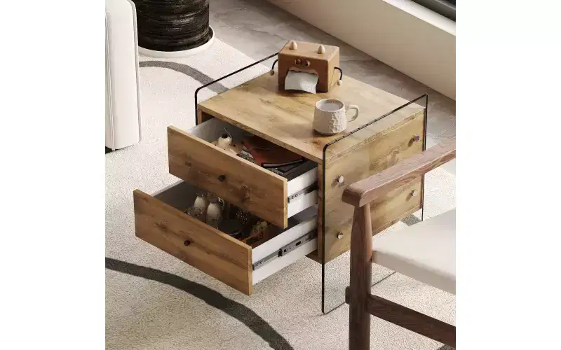 GDFStudio Reg 19 Glass Nightstand with Wooden Drawer