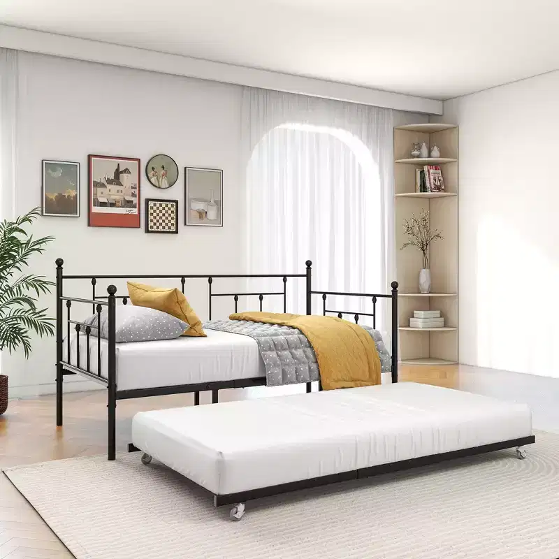 MAYEERTY Twin Size Metal Daybed with Trundle, 2-in-1 Sofa Bed, Space-Saving for Guest Room & Living Room, Black