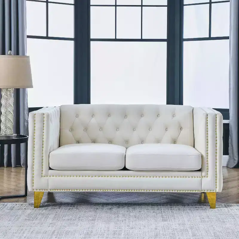 Button-Tufted Velvet 2-Seater Sofa with Square Arms & Metal Legs, Nailhead Trim