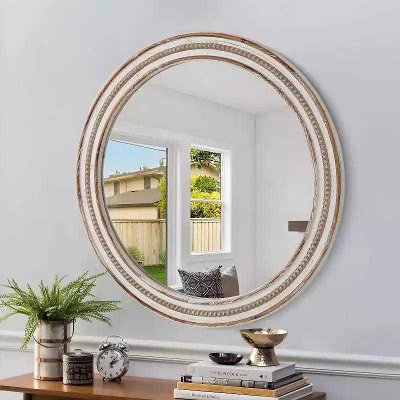 GDFStudio Cruz Farmhouse Wooden Decorative Round Wall Mirror With Beads