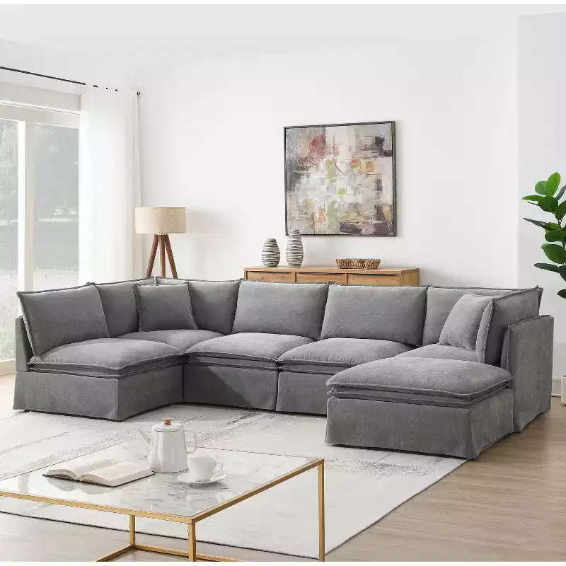Whisen 125.5 Modular 6-Seat Sectional Sofa with Movable Ottoman Wide Seat Chenille Fabric Free Combination for Living Room Apartment