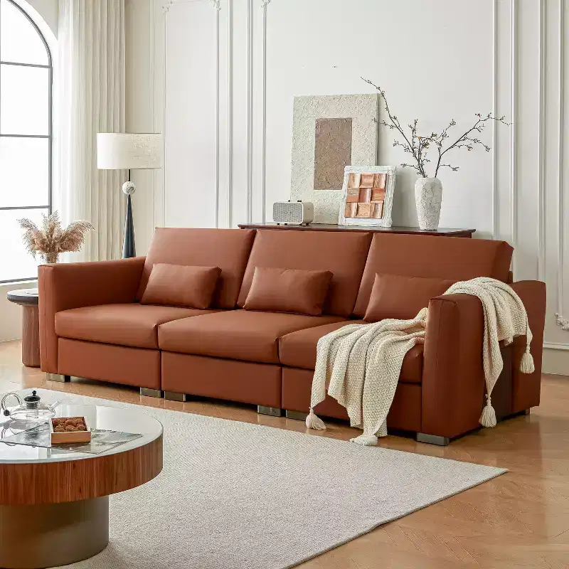 Mid Century Modern Sectional Leather Couch, Orange Genuine Leather Sofa with Metal Legs, 2 Pillows, Deep Seat for Living Room