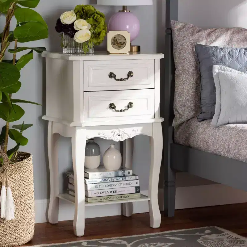 2 Drawer Wood Nightstand White/Brass